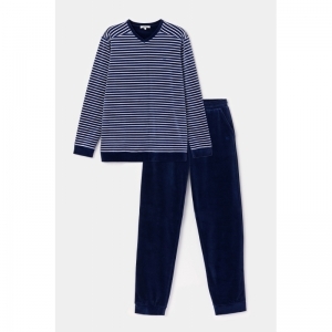 Herenpyjama in warm velours 927 blauwe stre