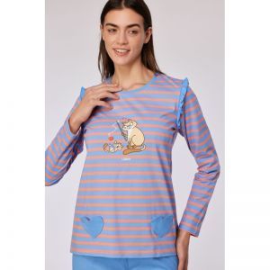 Damespyjama, lange mouwen 911 blauw-roze